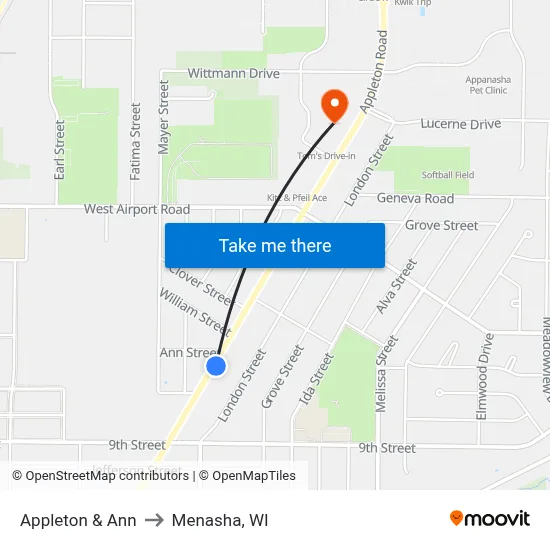 Appleton &  Ann to Menasha, WI map