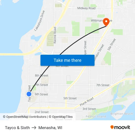 Tayco & Sixth to Menasha, WI map