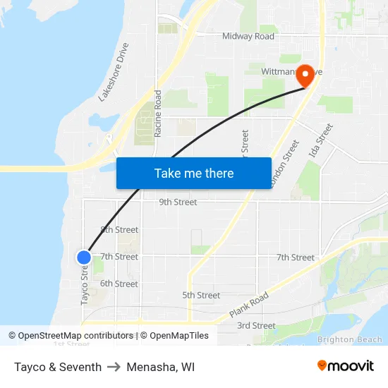 Tayco & Seventh to Menasha, WI map