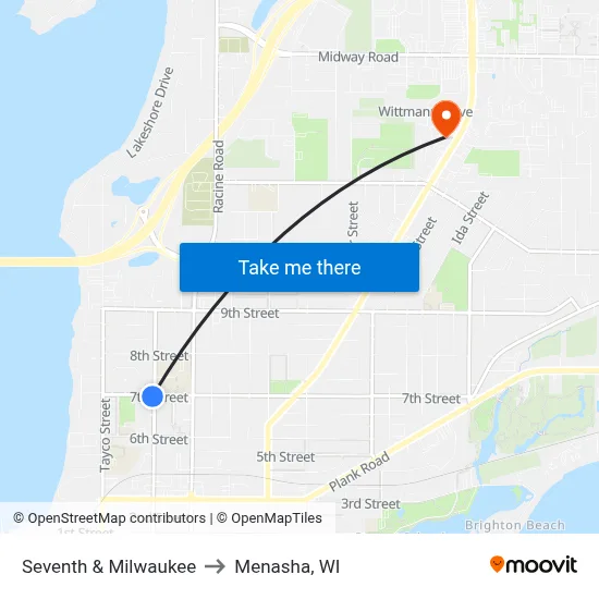 Seventh & Milwaukee to Menasha, WI map