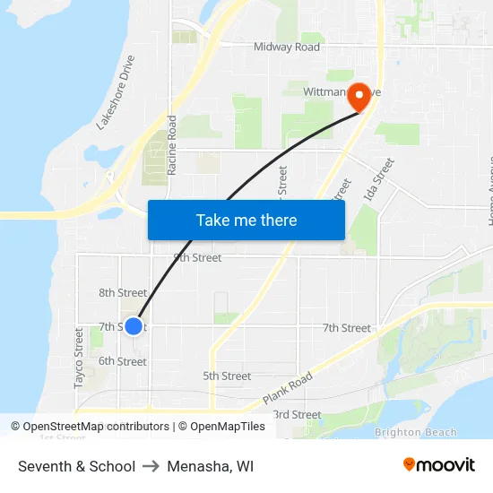 Seventh & School to Menasha, WI map