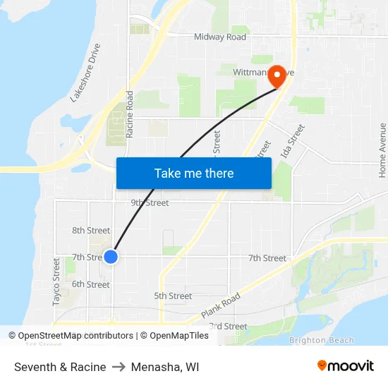 Seventh & Racine to Menasha, WI map