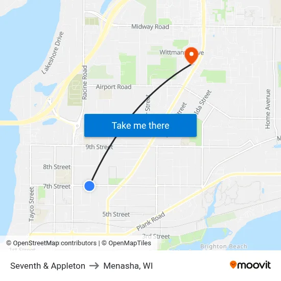 Seventh & Appleton to Menasha, WI map