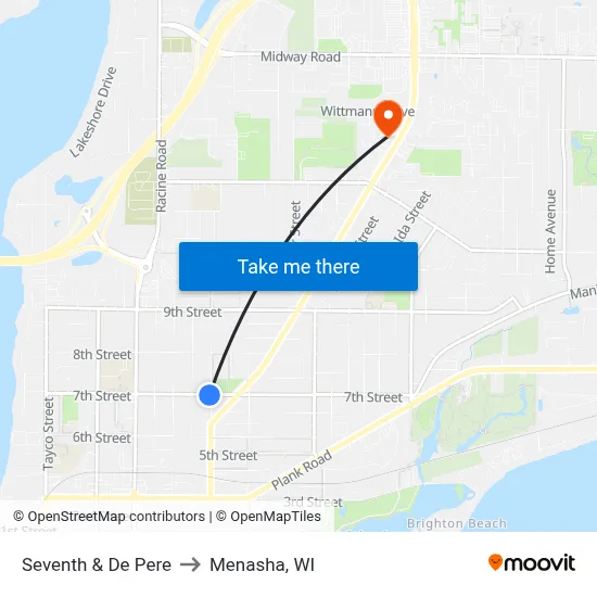 Seventh & De Pere to Menasha, WI map