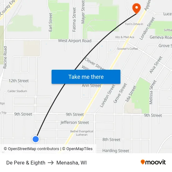 De Pere & Eighth to Menasha, WI map