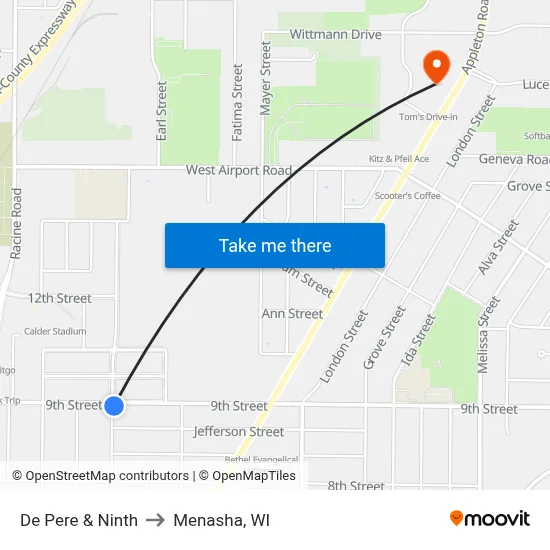 De Pere & Ninth to Menasha, WI map