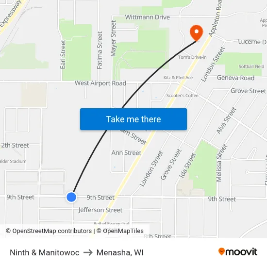 Ninth & Manitowoc to Menasha, WI map