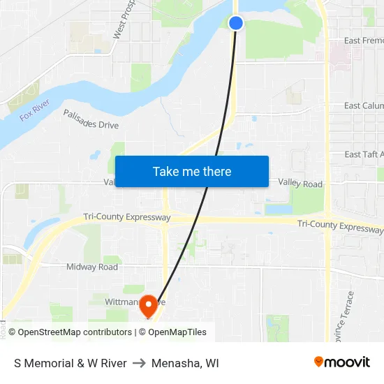 S Memorial & W River to Menasha, WI map
