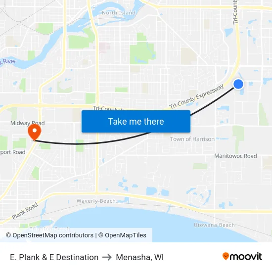 E. Plank & E Destination to Menasha, WI map