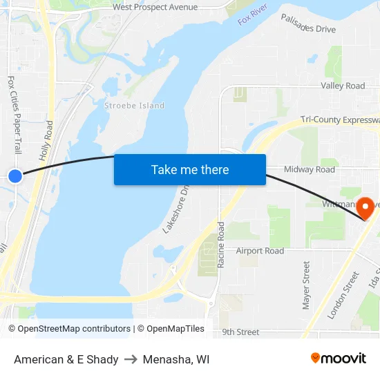 American & E Shady to Menasha, WI map