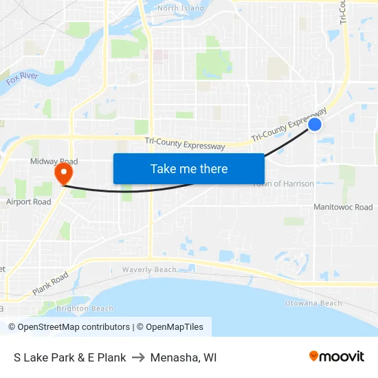 S Lake Park & E Plank to Menasha, WI map