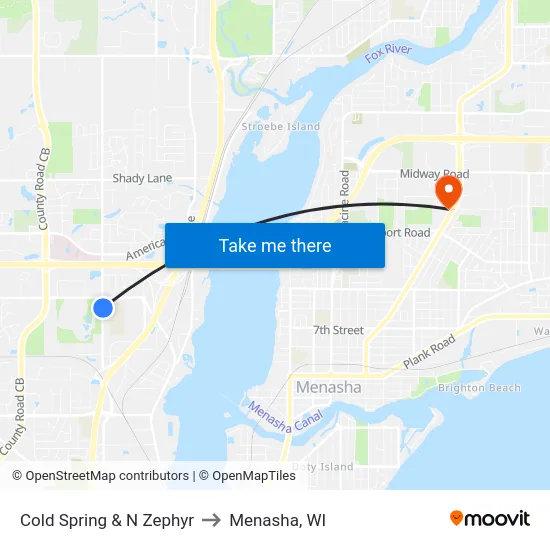 Cold Spring & N Zephyr to Menasha, WI map