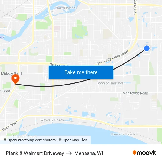 Plank & Walmart Driveway to Menasha, WI map