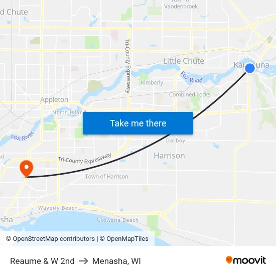 Reaume & W 2nd to Menasha, WI map