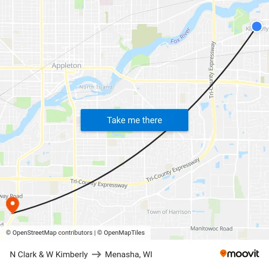 N Clark & W Kimberly to Menasha, WI map