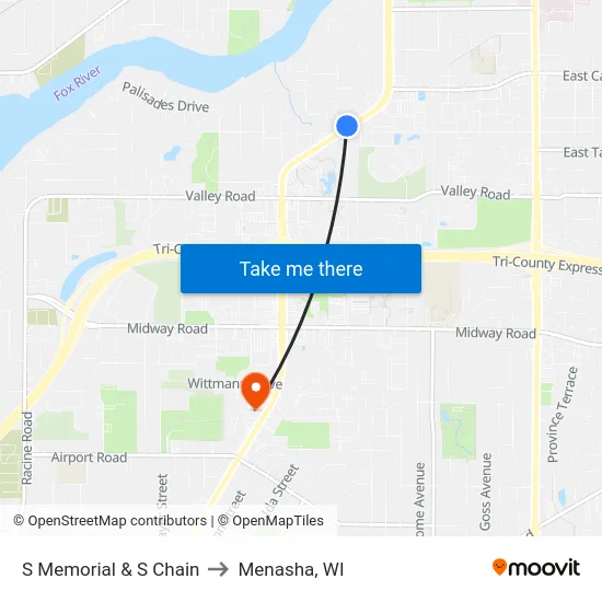 S Memorial & S Chain to Menasha, WI map