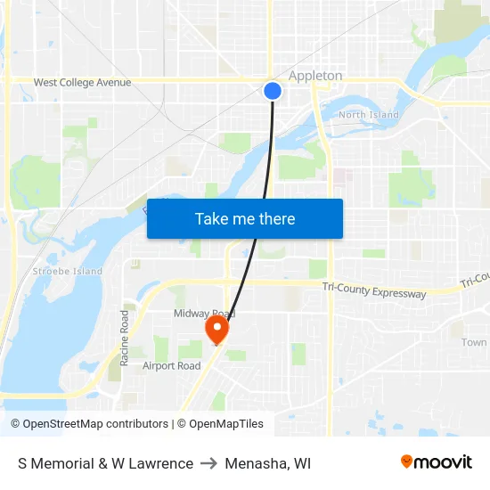 S Memorial & W Lawrence to Menasha, WI map