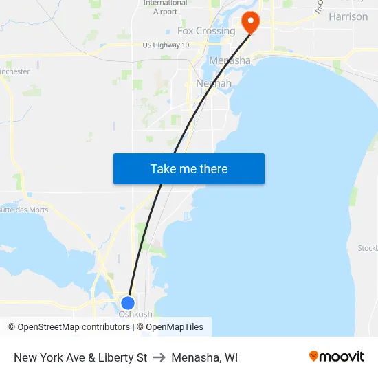 New York Ave & Liberty St to Menasha, WI map