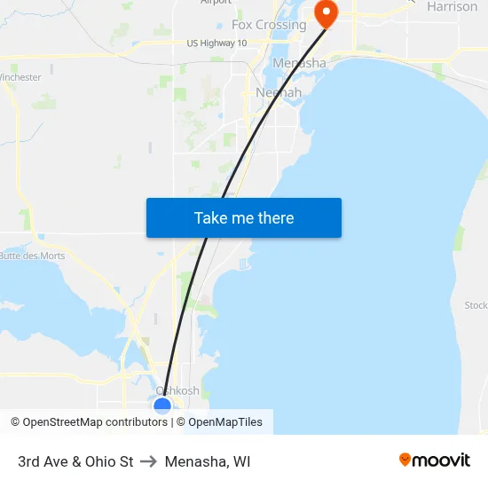 3rd Ave & Ohio St to Menasha, WI map