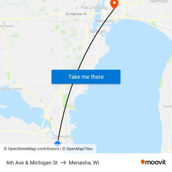 6th Ave & Michigan St to Menasha, WI map