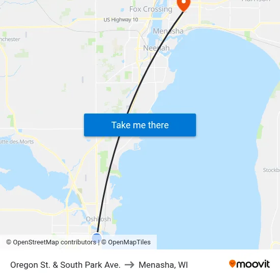 Oregon St. & South Park Ave. to Menasha, WI map