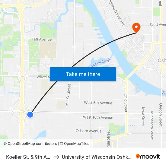 Koeller St. & 9th Ave. to University of Wisconsin-Oshkosh map