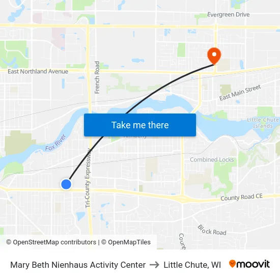Mary Beth Nienhaus Activity Center to Little Chute, WI map