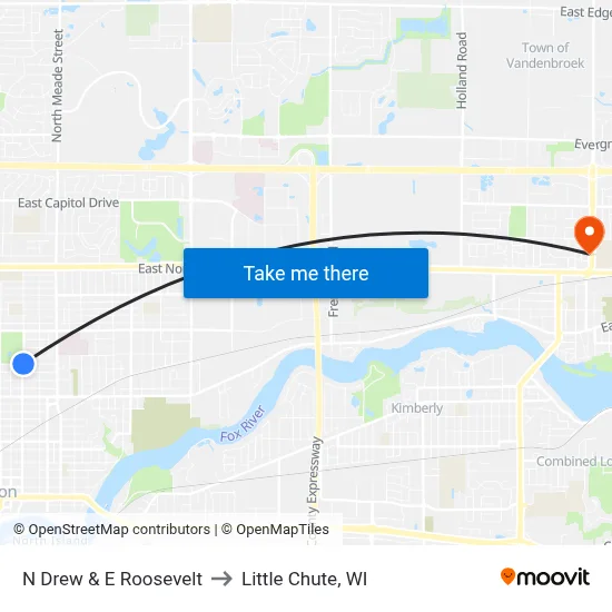 N Drew & E Roosevelt to Little Chute, WI map