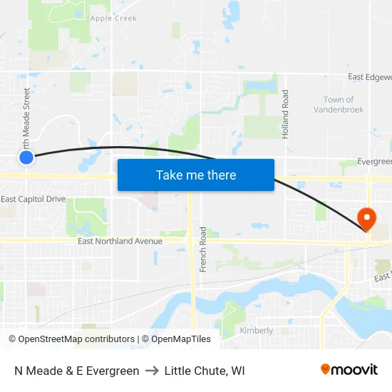 N Meade & E Evergreen to Little Chute, WI map