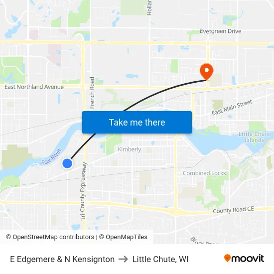 E Edgemere & N Kensignton to Little Chute, WI map