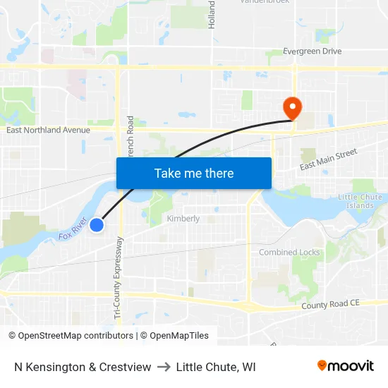 N Kensington & Crestview to Little Chute, WI map