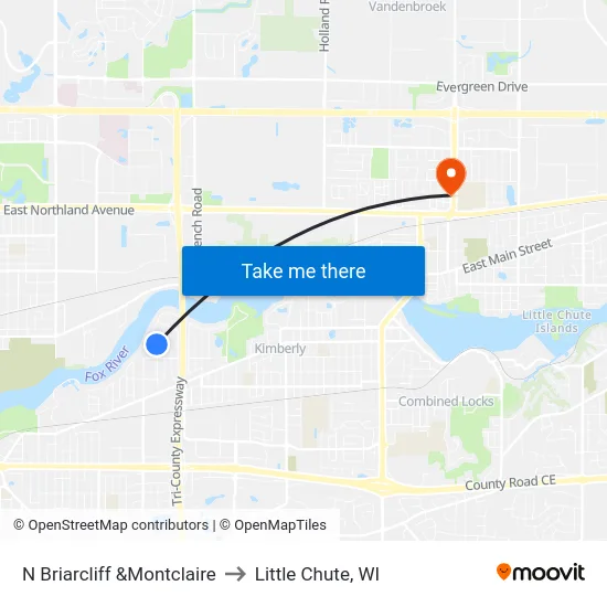 N Briarcliff &Montclaire to Little Chute, WI map