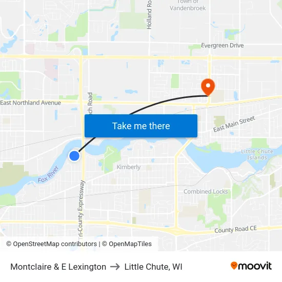 Montclaire & E Lexington to Little Chute, WI map