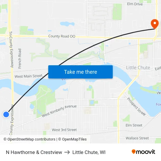 N Hawthorne & Crestview to Little Chute, WI map