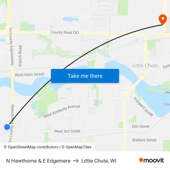 N Hawthorne & E Edgemere to Little Chute, WI map
