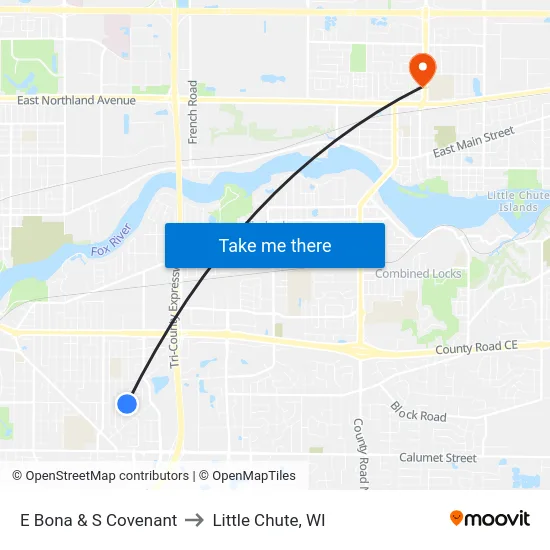 E Bona & S Covenant to Little Chute, WI map