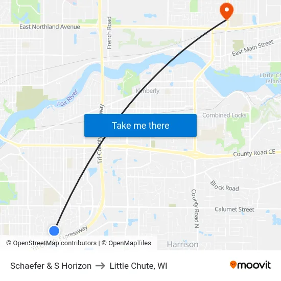 Schaefer & S Horizon to Little Chute, WI map