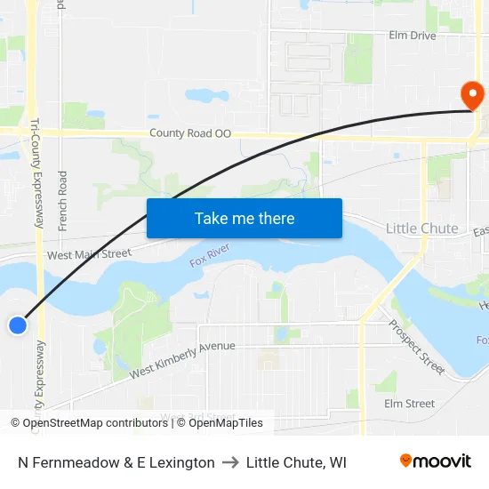 N Fernmeadow & E Lexington to Little Chute, WI map