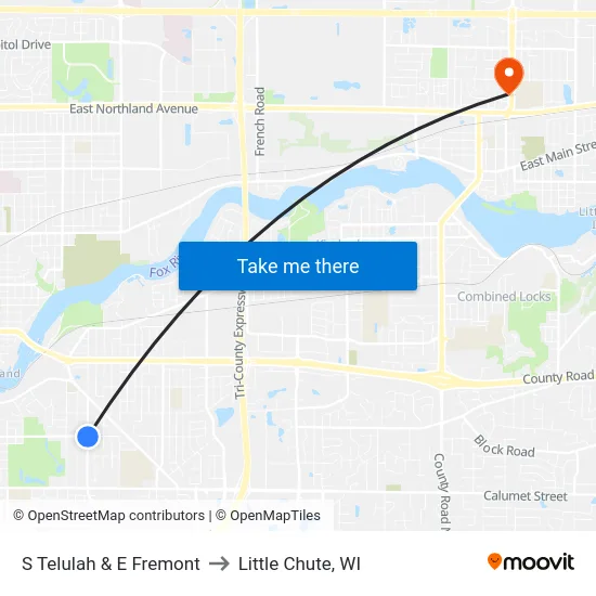 S Telulah & E Fremont to Little Chute, WI map