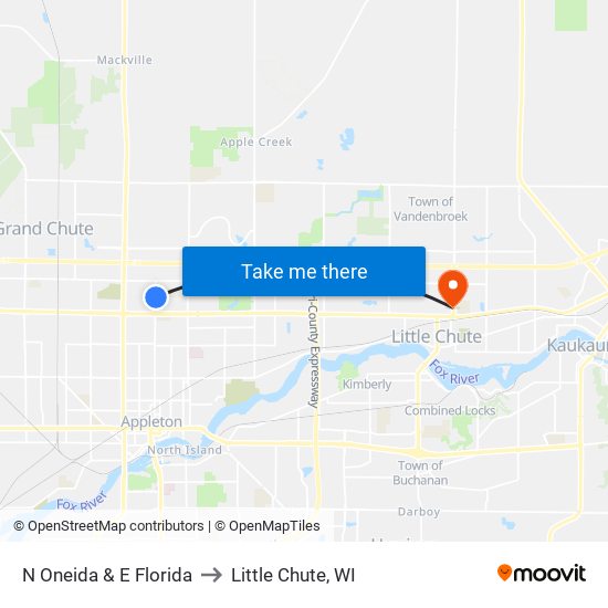 N Oneida & E Florida to Little Chute, WI map