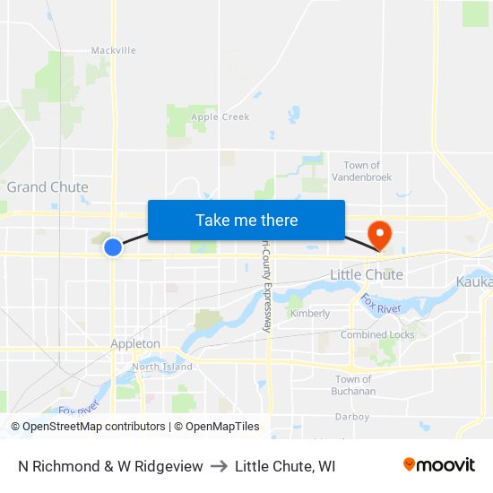 N Richmond & W Ridgeview to Little Chute, WI map