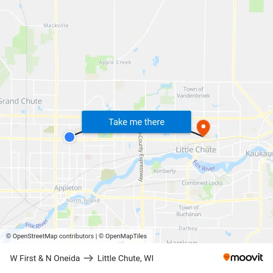 W First & N Oneida to Little Chute, WI map