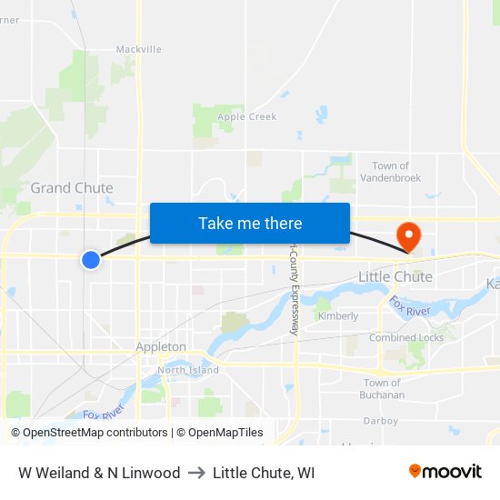 W Weiland & N Linwood to Little Chute, WI map