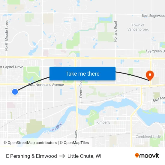 E Pershing & Elmwood to Little Chute, WI map