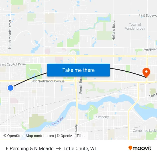 E Pershing & N Meade to Little Chute, WI map