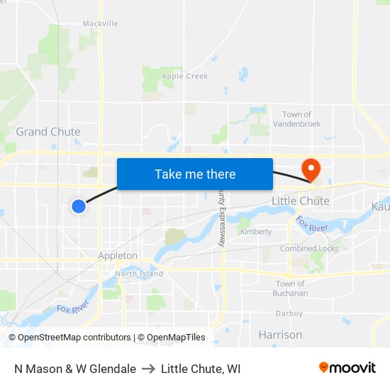 N Mason & W Glendale to Little Chute, WI map