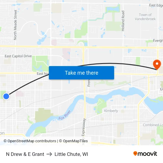 N Drew & E Grant to Little Chute, WI map