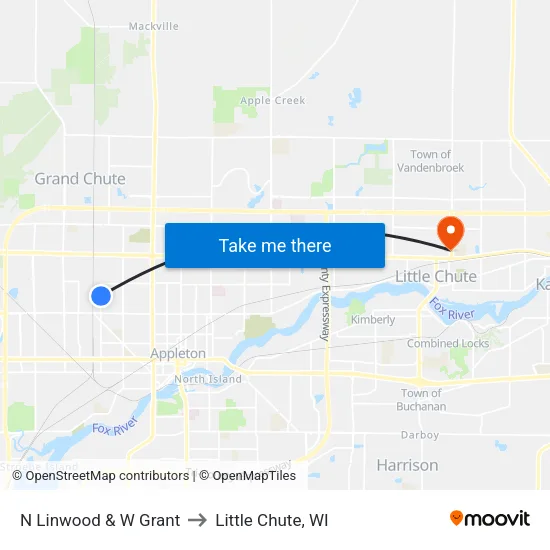 N Linwood & W Grant to Little Chute, WI map