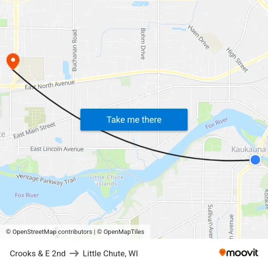 Crooks & E 2nd to Little Chute, WI map