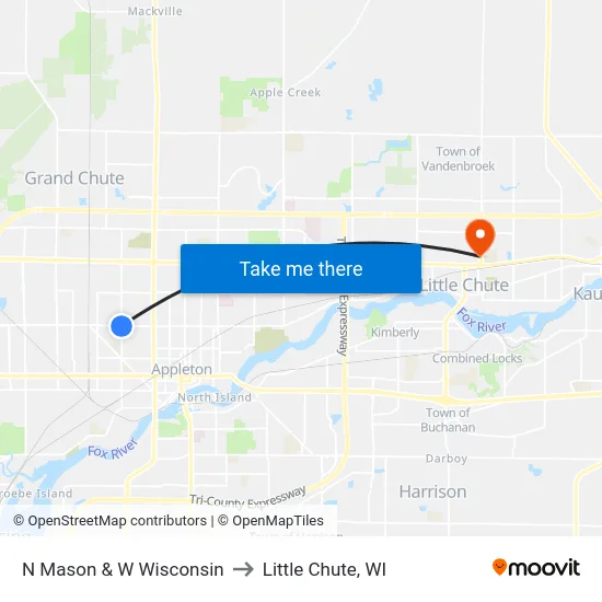 N Mason & W Wisconsin to Little Chute, WI map